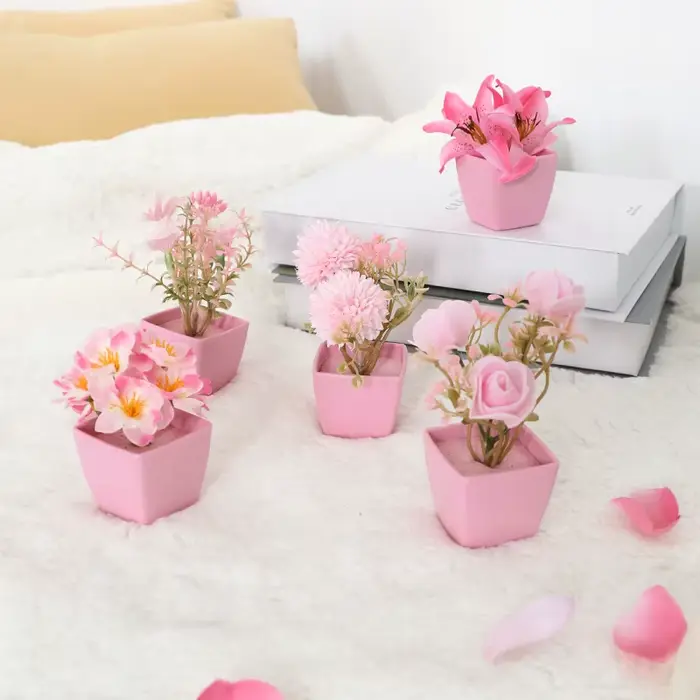 5 pièces, Mini plante en pot de fleurs artificielles roses, décoration d'étagère de bureau intérieur