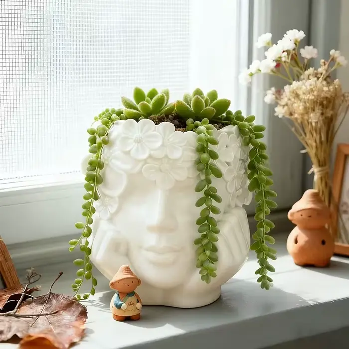 Magnifique pot de fleurs en résine en forme de fille tenant une fleur, pour plantes vertes, décorati