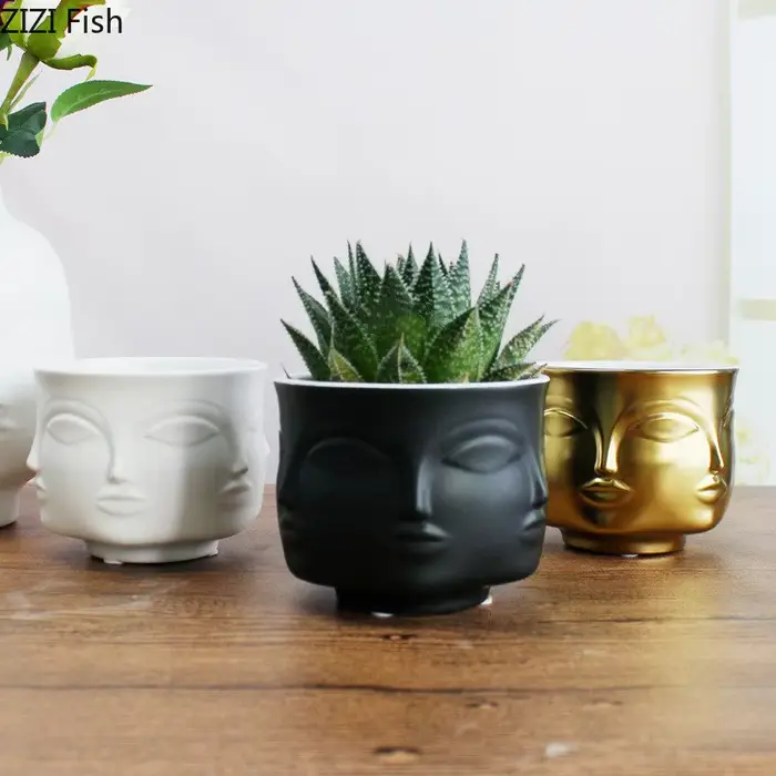 Ornement de visage humain Pot de fleurs en céramique