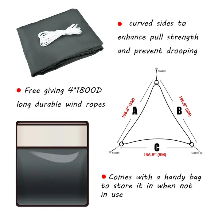 Voile d'ombrage triangulaire 5/3.6/3/2M, auvent de pare-soleil étanche, auvent bloc UV 98% avec cord