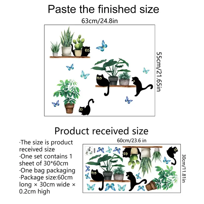 Autocollant Mural plante verte en pot, chaton mignon, dessin animé, arrière-plan créatif, décoration