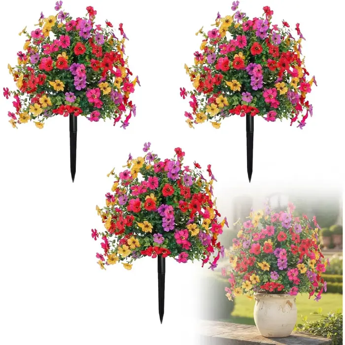 Petunias artificiels avec piquet de fixation pour l'extérieur, fausses fleurs pour jardin, cour, jardinière et véranda, pour la décoration intérieure et extérieure de la maison