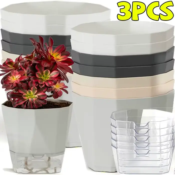 1/3x Self Watering Flower Pot Double Layer Hydroponics Plants Bonsai Pot Garden Preventing Drought F