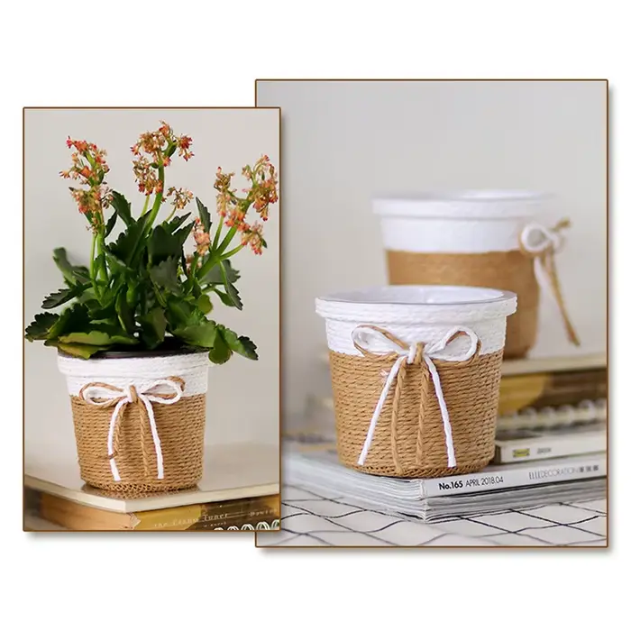 Pot de fleurs fraîches tressées en corde de papier, petit jardinière d'herbe tissée, panier décorati
