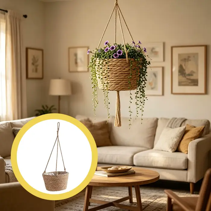 Pot de fleurs suspendu en paille pour balcon