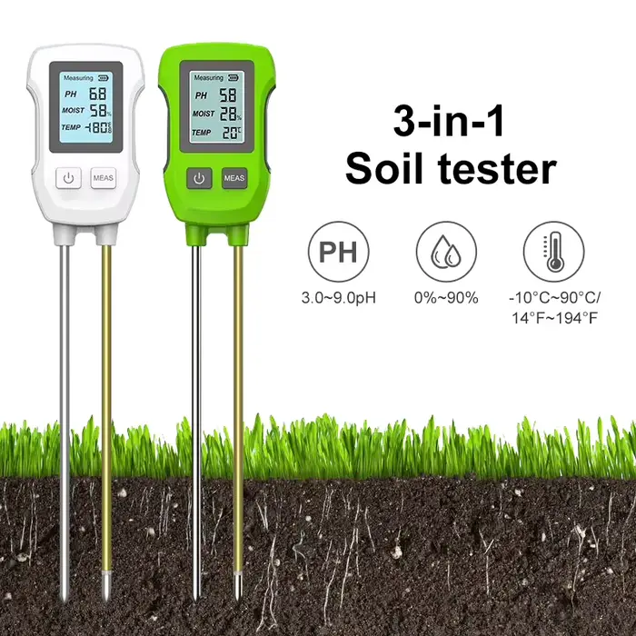 Testeur de sol LCD vert 3 en 1, PH/humidité/température, capteur métallique résistant à la chaleur, 