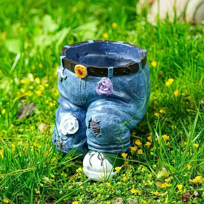 Pot de fleurs vintage en résine en forme de jean, sculpture décorative pour jardin extérieur, conten