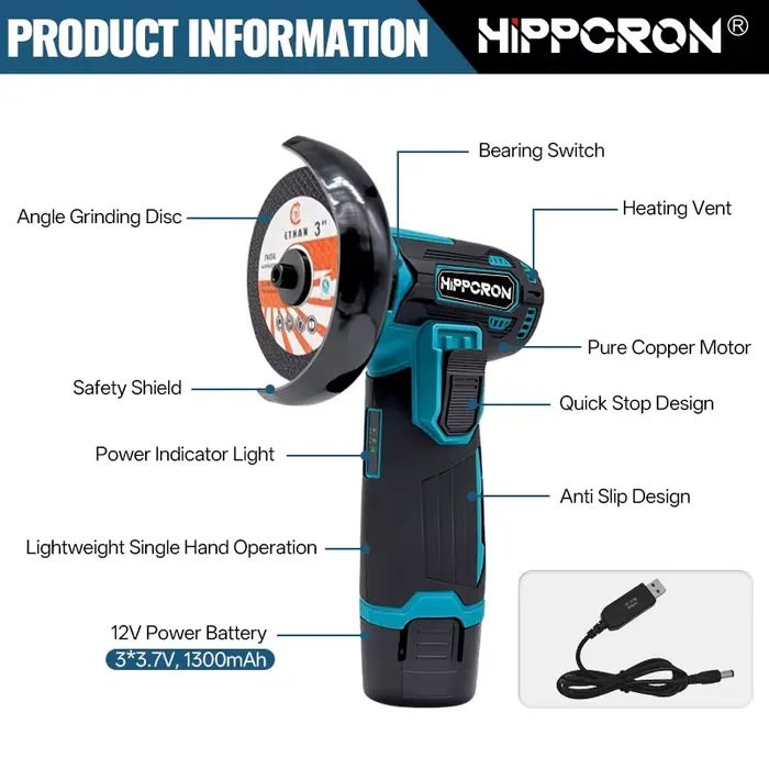 Hippcron Meuleuse d'angle électrique portable 12V sans fil, mini meuleuse de polissage, lame de coup