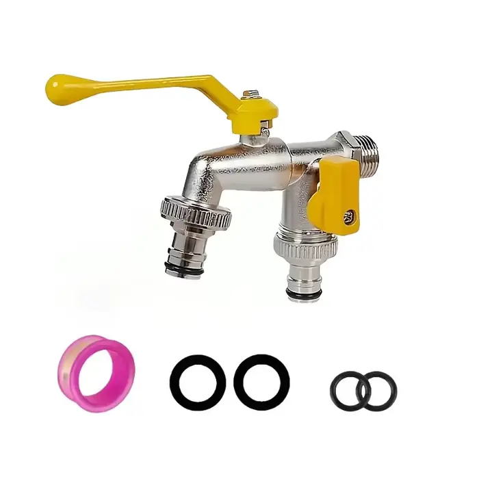 Robinet de jardin à double sortie - connexion de 1/2 pouce, idéal pour l'arrosage et l'entretien des pelouses, compatible avec les arroseurs et les pistolets à eau.