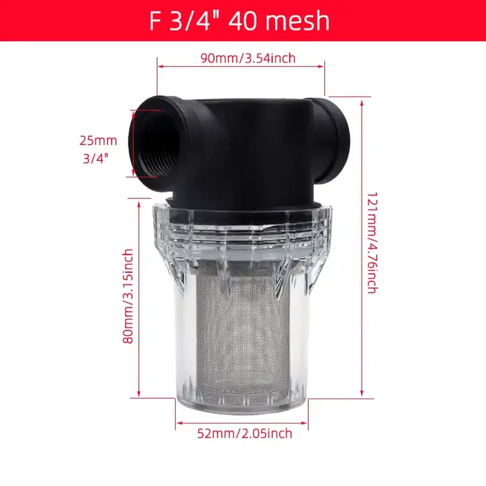 Filtre avant 40 mailles, tuyau d'eau auto-vidant, Filtration 1/2 pouces 3/4 pouces 1 pouce, plastiqu