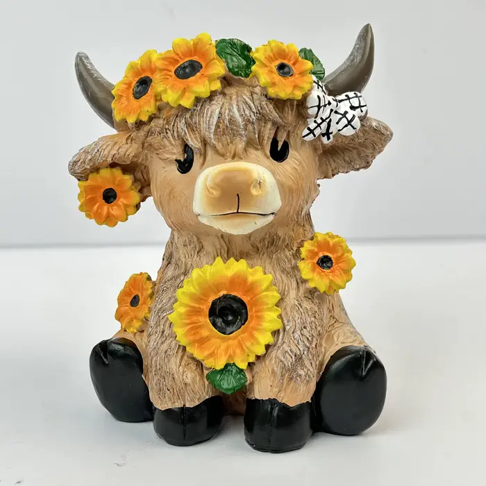 Pot de fleurs en résine style pastoral avec vache des Highlands, ornement créatif multifonctionnel, 