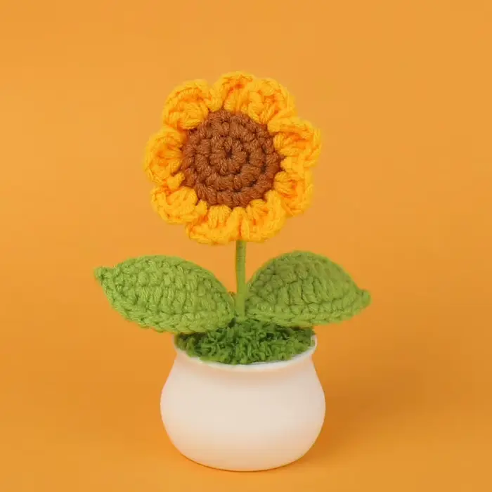 Pots de tournesol tricotés à la main, ornements créatifs, Pots de fleurs tricotés à la main, fleurs 