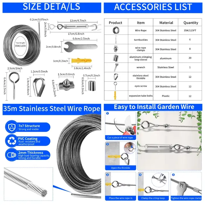 47/60/72Pcs Shade Sail Hardware Kit Wire Rope Anti-Rust Stainless Steel Sun Shade Hardware Kit for T